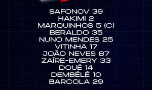 巴黎法国杯首发：登贝莱、维蒂尼亚出战，多纳鲁马替补